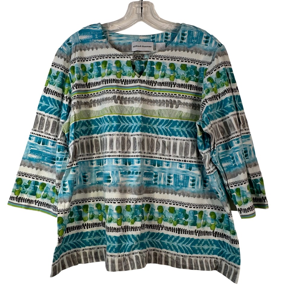 Alfred Dunner Large Turquoise Green Abstract Geometric 3/4 Sleeve Hardware Top‎